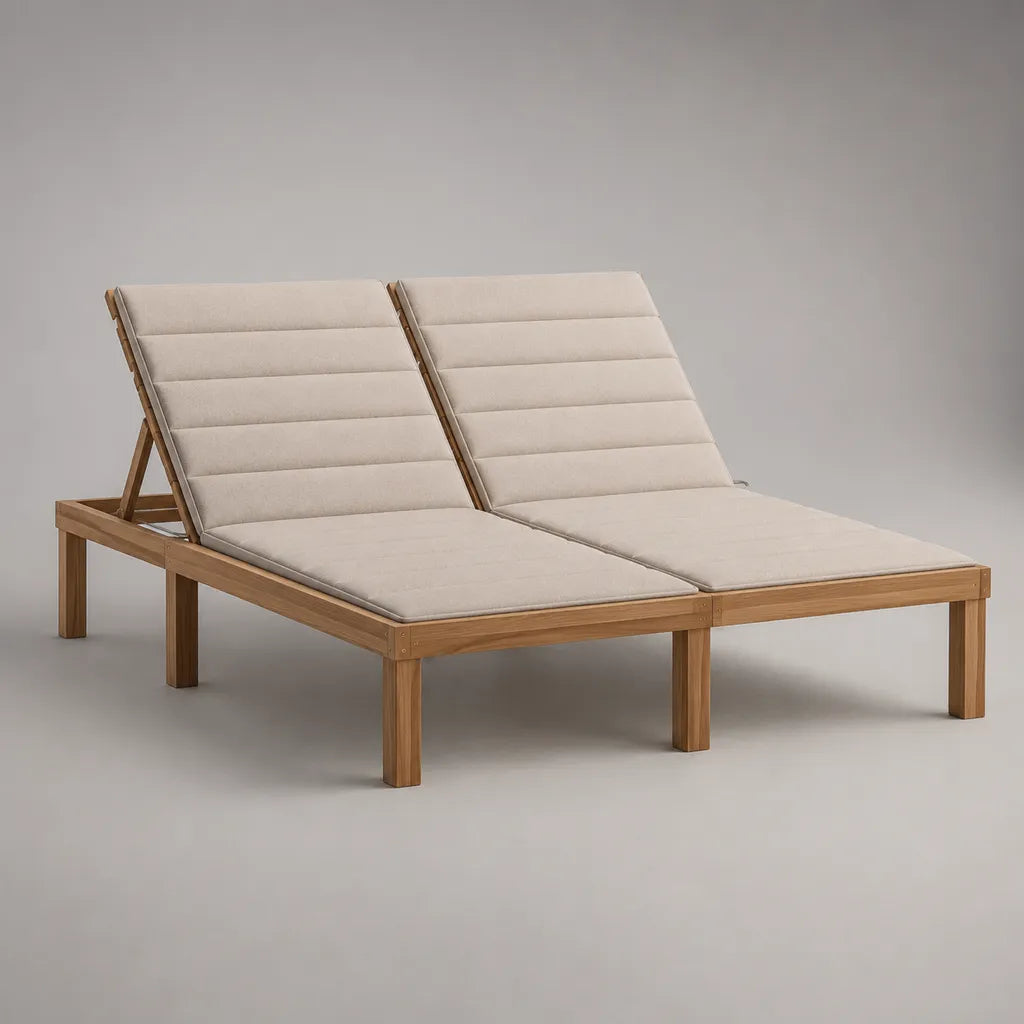 Sonnenliegen 2er-Set aus massivem Akazienholz mit beigen Polyesterauflagen, verstellbar, je 200 x 70 x 30 cm