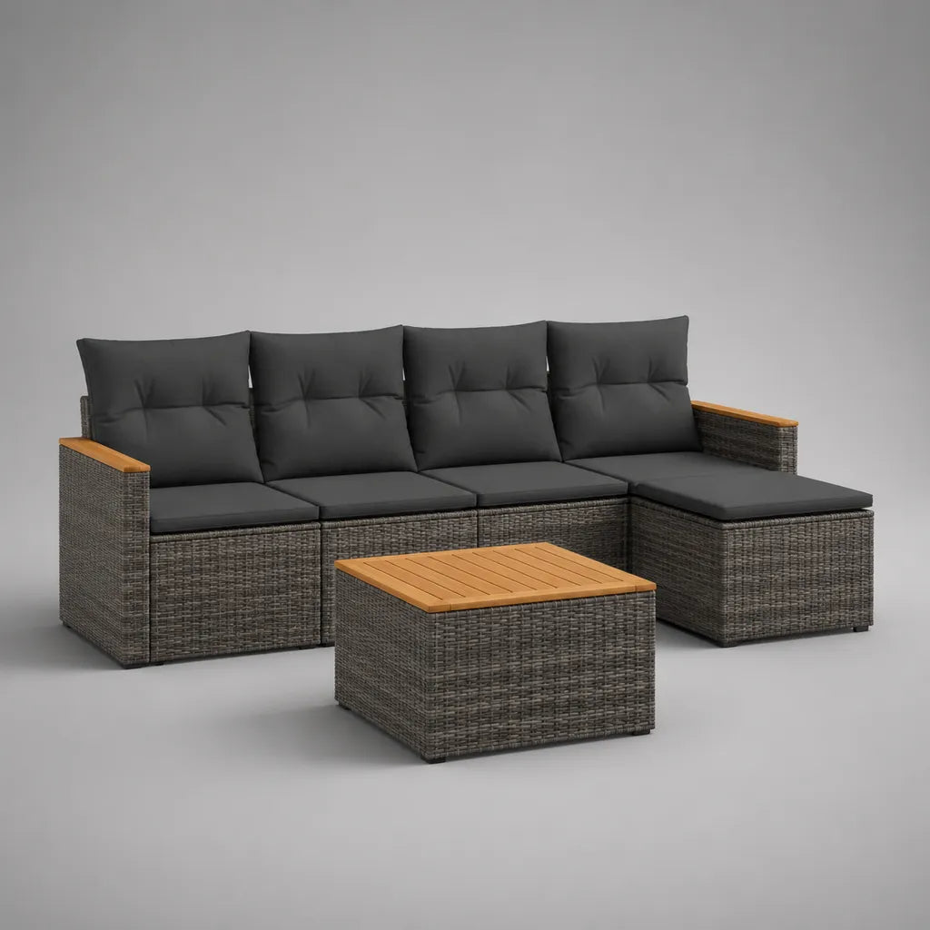 Ensemble de salons de jardin 6 parties en bois massif résine tressée PE et acacia, forme L, gris, anthracite et brun naturel, 280 × 140 × 78 cm