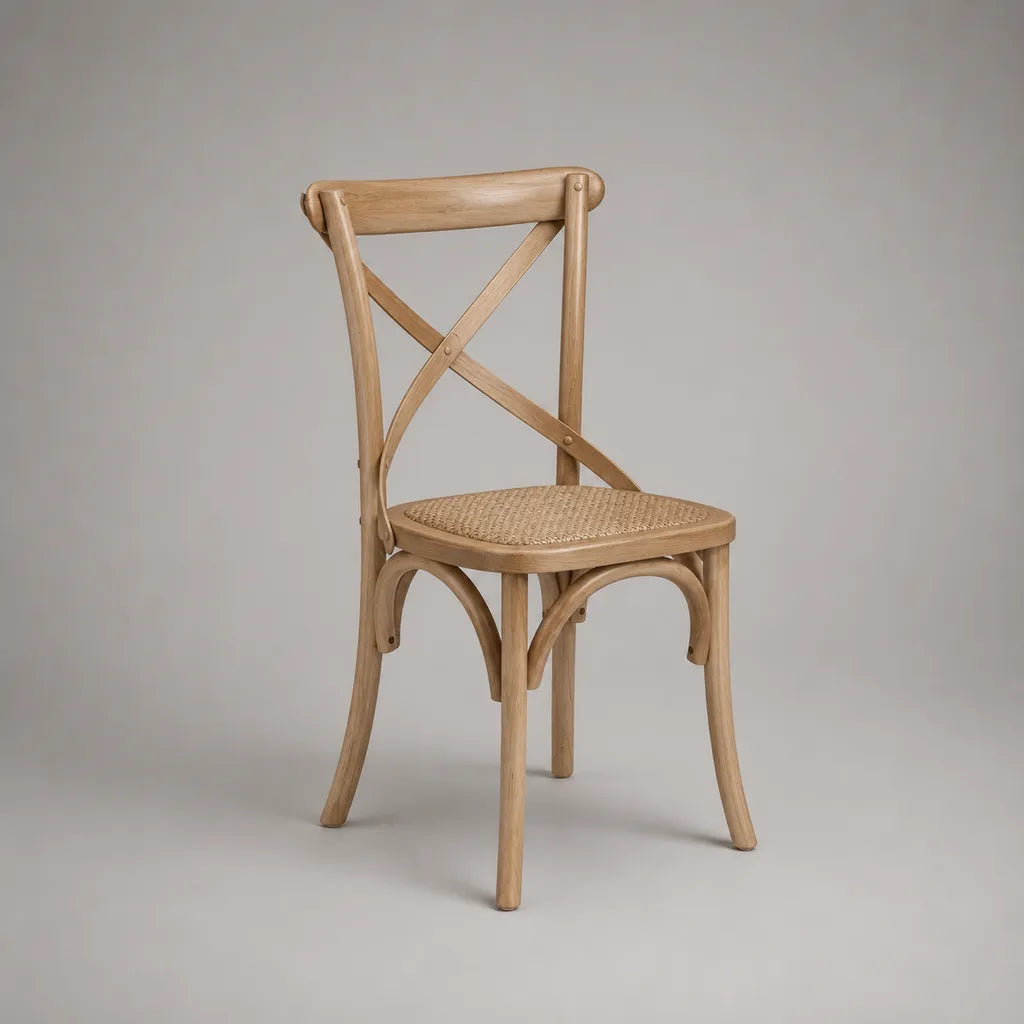 Chaise à manger en bois massif de hêtre avec siège en rotin et dossier en croix, nature, 49 × 52 × 89 cm