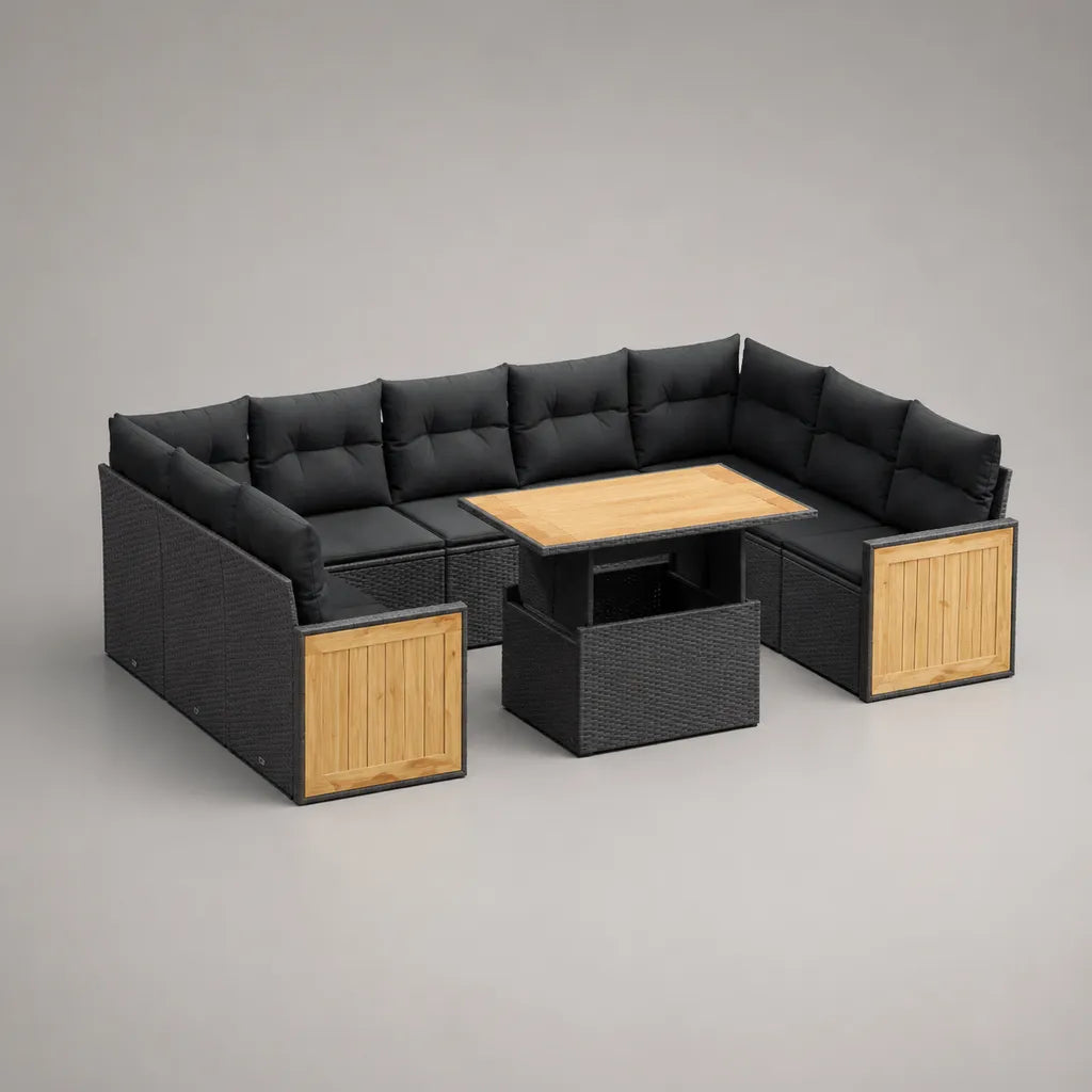 Ensemble de salons de jardin de 9 parties en bois, en acier et en rotin, en U, noir/nature/anthrazite, environ 280 × 220 × 80 cm, avec table à manger, tabouret et rembourrage