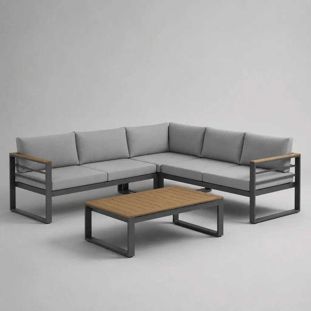 Lot de 3 pièces – Loungeset de jardin en aluminium et bois avec canapé d'angle en forme de L et table basse, gris/brun naturel/anthracite, 235 × 235 × 74 cm