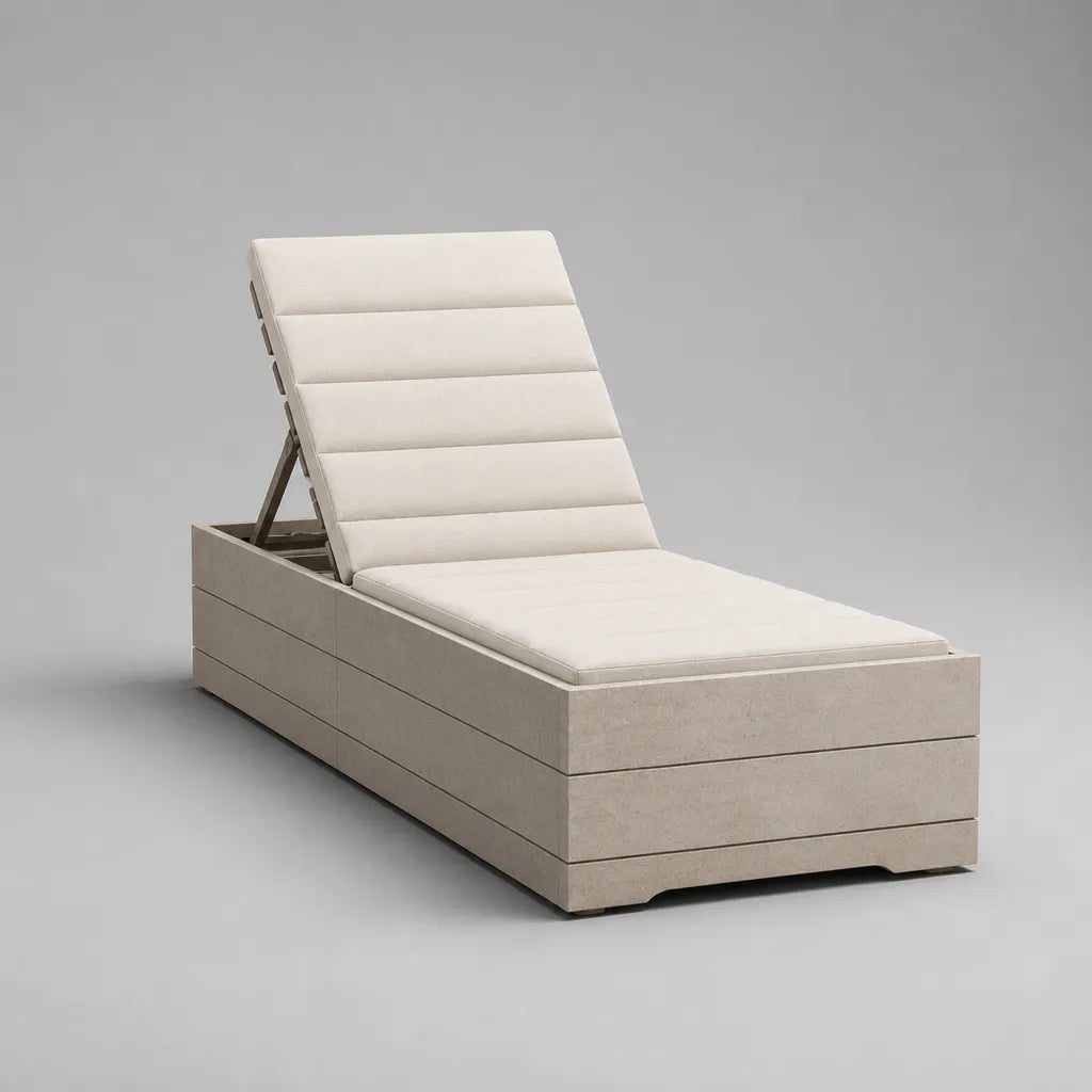 Lit solaire réglable en béton en fibre de verre avec revêtement en polyester, beige et blanc cassé, 200 × 75 × 35 cm