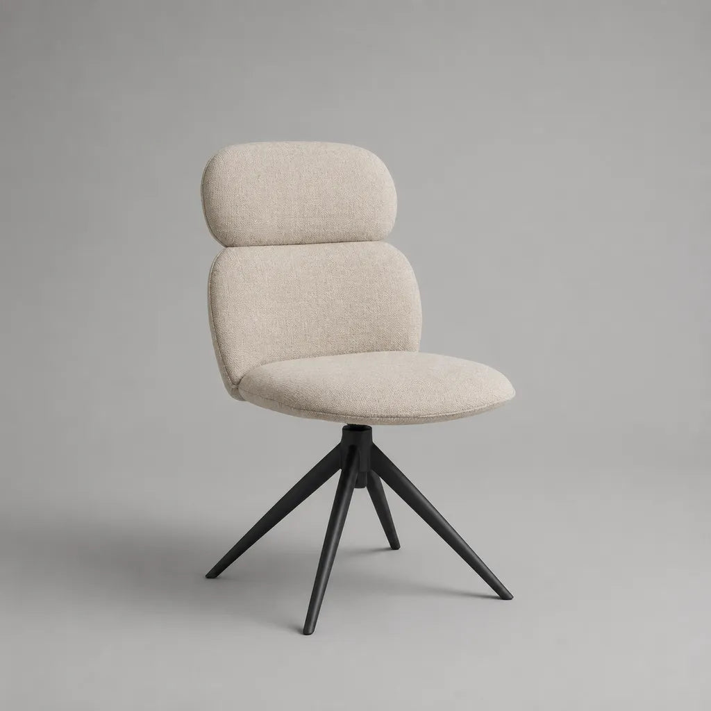Drehbarer Esszimmerstuhl mit Kopfstütze, Bouclé-Polsterung und Stahlgestell, Beige/Schwarz, 58 × 62 × 92 cm