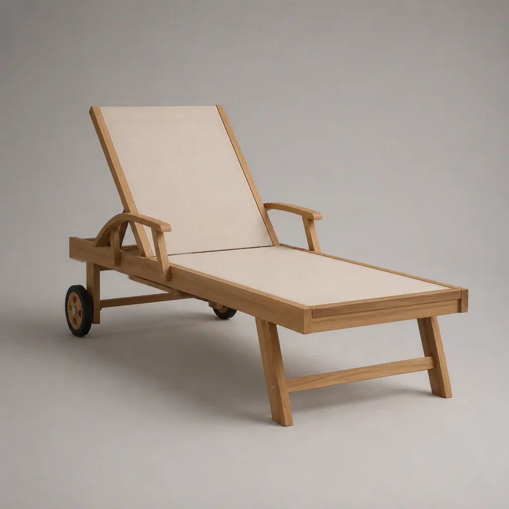 Verstellbare Sonnenliege mit Rollen und Armlehnen, Beige/Natur, 200 × 70 × 35–95 cm, Akazien-Massivholz und PVC-beschichtetes Polyestergewebe