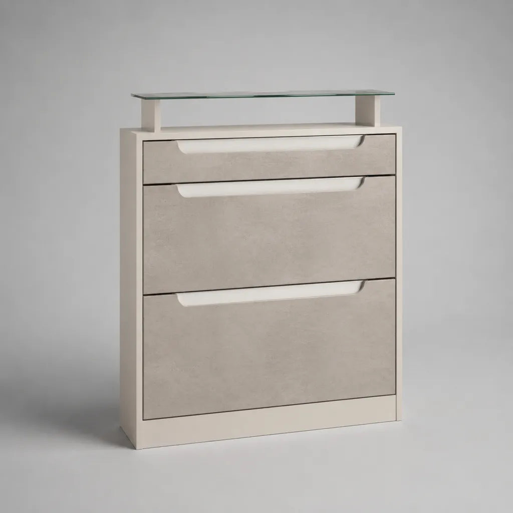 Schuhschrank mit 2 Klappfächern, Schublade und Glasablage, Weiß/Betongrau, 80 × 24 × 105 cm