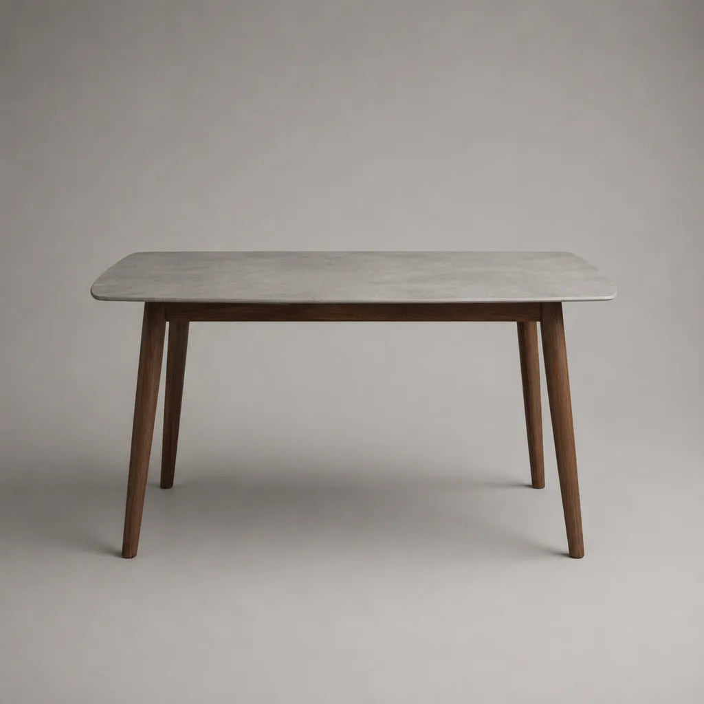 Table à manger rectangulaire avec plaque céramique et structure en bois massif, gris/brun, 140 × 80 × 75 cm
