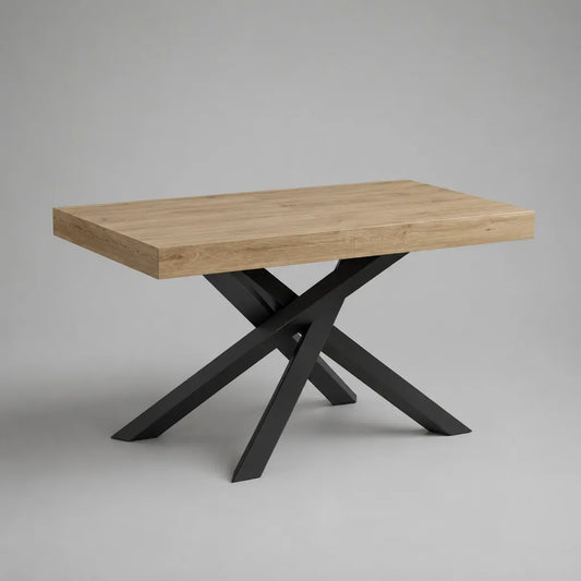 Table à manger rectangulaire en panneau de particules et acier, Chêne Nature et Noir, 140 × 80 × 76 cm