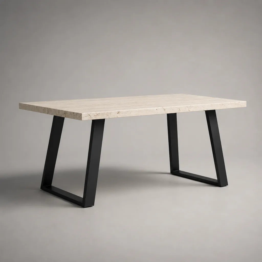 Table à manger rectangulaire avec plaque travertin naturelle et structure en acier, beige et noir, 160 × 90 × 76 cm