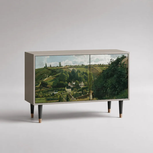 Sideboard en MDF avec 2 tiroirs et 1 porte, motif paysager, taupe/vert, 120 × 40 × 80 cm