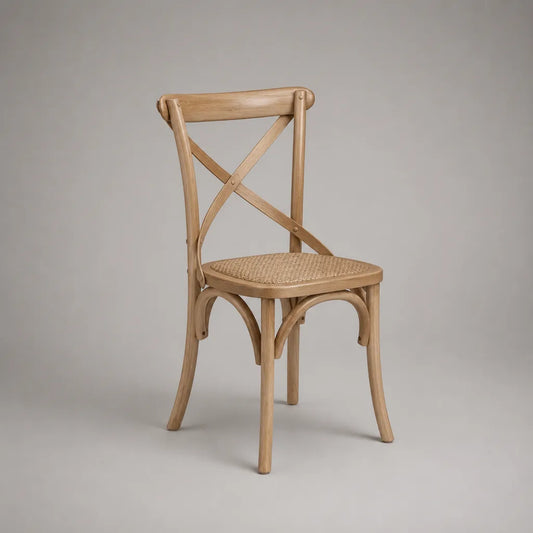 Esszimmerstuhl aus massivem Buchenholz mit Rattansitz und Kreuzlehne, Natur, 49 × 52 × 89 cm