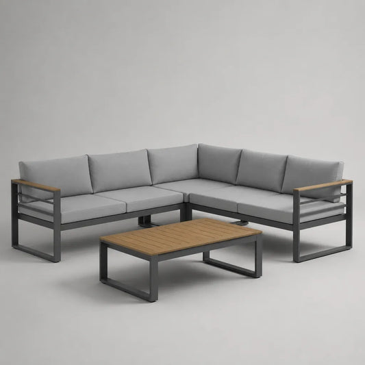 3-teiliges Garten-Loungeset aus Aluminium und Holz mit L-förmigem Ecksofa und Couchtisch, Grau/Naturbraun/Anthrazit, 235 × 235 × 74 cm