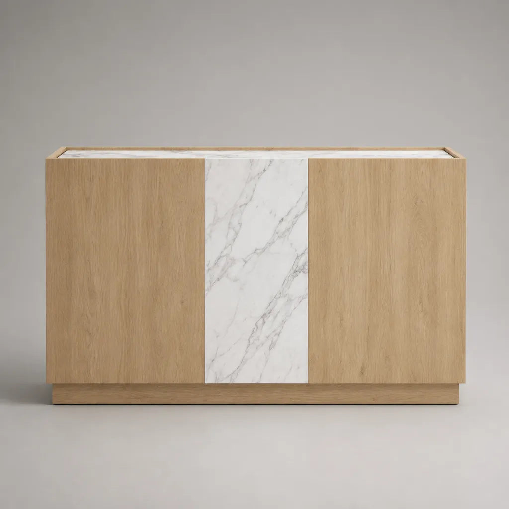 Rechteckiges Sideboard aus MDF mit 3 Türen in Eichen- und Marmoroptik, Eiche Natur/Weiß/Grau, 140 × 40 × 85 cm