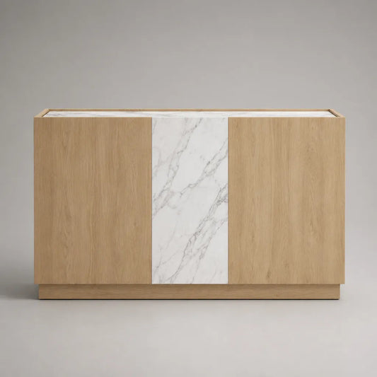 Rechteckiges Sideboard aus MDF mit 3 Türen in Eichen- und Marmoroptik, Eiche Natur/Weiß/Grau, 140 × 40 × 85 cm
