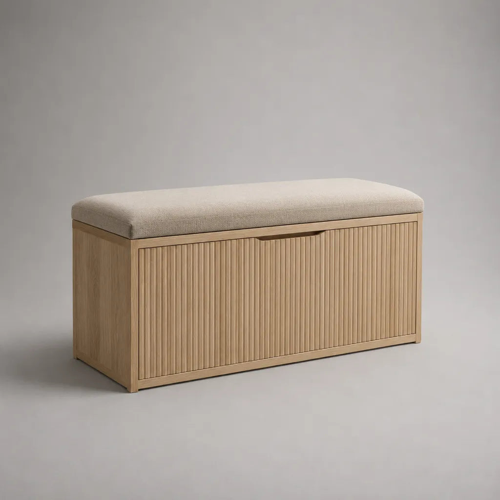 Banc de chaussures avec rangement et coussin de siège, MDF avec placage de chêne, chêne naturel et beige, 100 × 35 × 50 cm