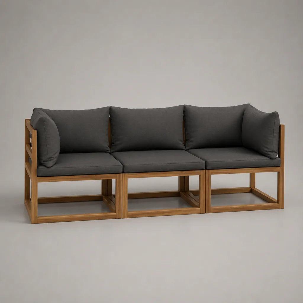 3-teiliges Gartensofa, 3-Sitzer aus Holz mit anthrazitfarbenen Stoffkissen, 201 × 75 × 76 cm