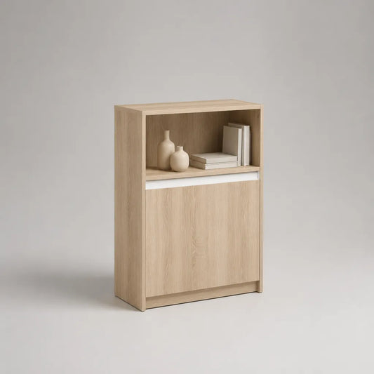 Buffetschrank Sideboard aus Spanplatte mit offenem Fach und Tür, Eiche natur und Weiß, 80 × 40 × 120 cm