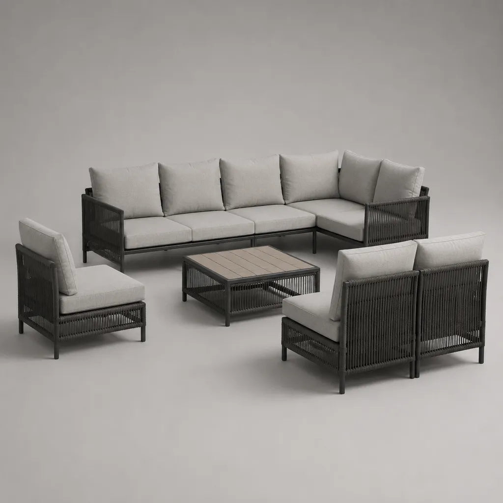 5-teiliges Garten-Loungeset aus Aluminium und PE-Seilgeflecht, Anthrazit/Hellgrau/Taupe, Ecksofa 290 × 220 × 80 × 78 cm, 3 Sessel 78 × 80 × 78 cm, Tisch 110 × 65 × 42 cm