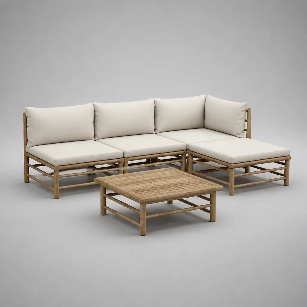 4-teiliges Gartensofa-Set aus Bambus mit Polyesterkissen und Tisch, L-Form, Natur und Cremeweiß, 220 × 145 × 75 cm