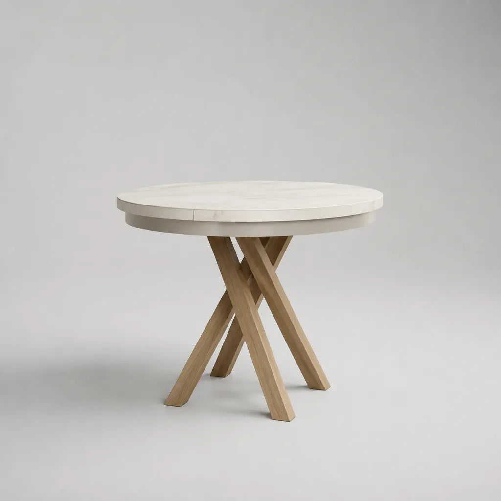 Runder Esstisch für 4 Personen mit MDF-Tischplatte in Marmoroptik und Massivholzgestell, Weiß/Eiche natur, Ø 110 × H 76 cm