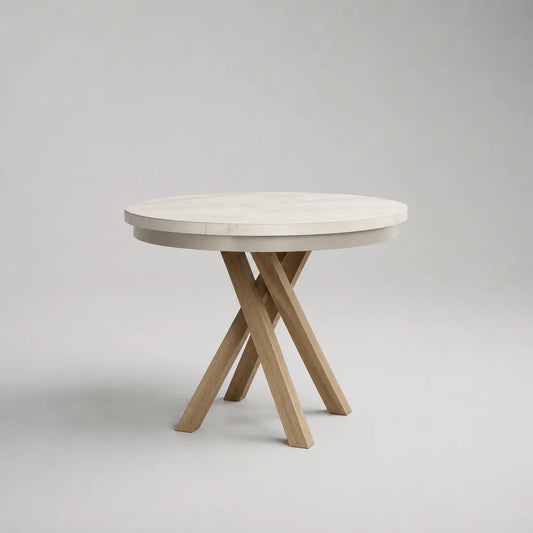 Runder Esstisch für 4 Personen mit MDF-Tischplatte in Marmoroptik und Massivholzgestell, Weiß/Eiche natur, Ø 110 × H 76 cm