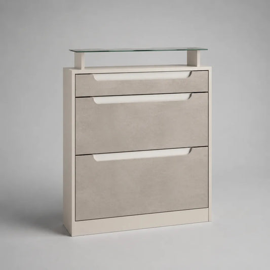 Schuhschrank mit 2 Klappfächern, Schublade und Glasablage, Weiß/Betongrau, 80 × 24 × 105 cm