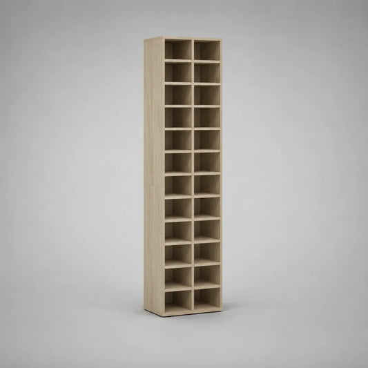 Étagère étroite en bois avec 24 compartiments, chêne clair, 50 × 30 × 180 cm