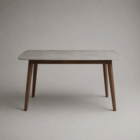 Rechteckiger Esstisch mit Keramikplatte und Massivholzgestell, Grau/Braun, 140 × 80 × 75 cm