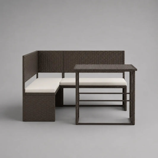 Kit de salon de jardin en 3 parties avec canapé en forme de L et table à manger en rotin en PE, brun/blanc cassé, 185 × 195 × 75 cm